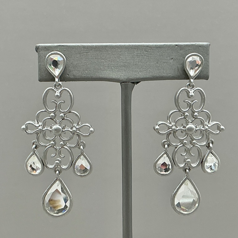 Lia Sophia Earrings Womens Silver Tone Filigree Crystal Dangle Drop 2.25 Inch